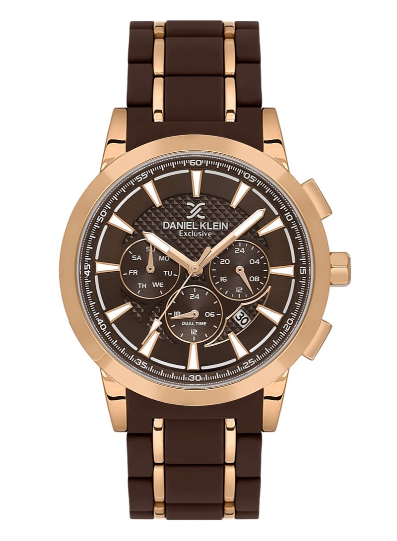 دانيل كلاين ساعة رجالية ستانلس ستيل والسيليكون | هيكل من سبيكة الذهبي الوردي | تناظري | قرص بني داكن دائري مزدوج الطبقات | حركة كوارتز يابانية | حصرية | مقاومة للماء حتى عمق 50 مترًا - Image 1